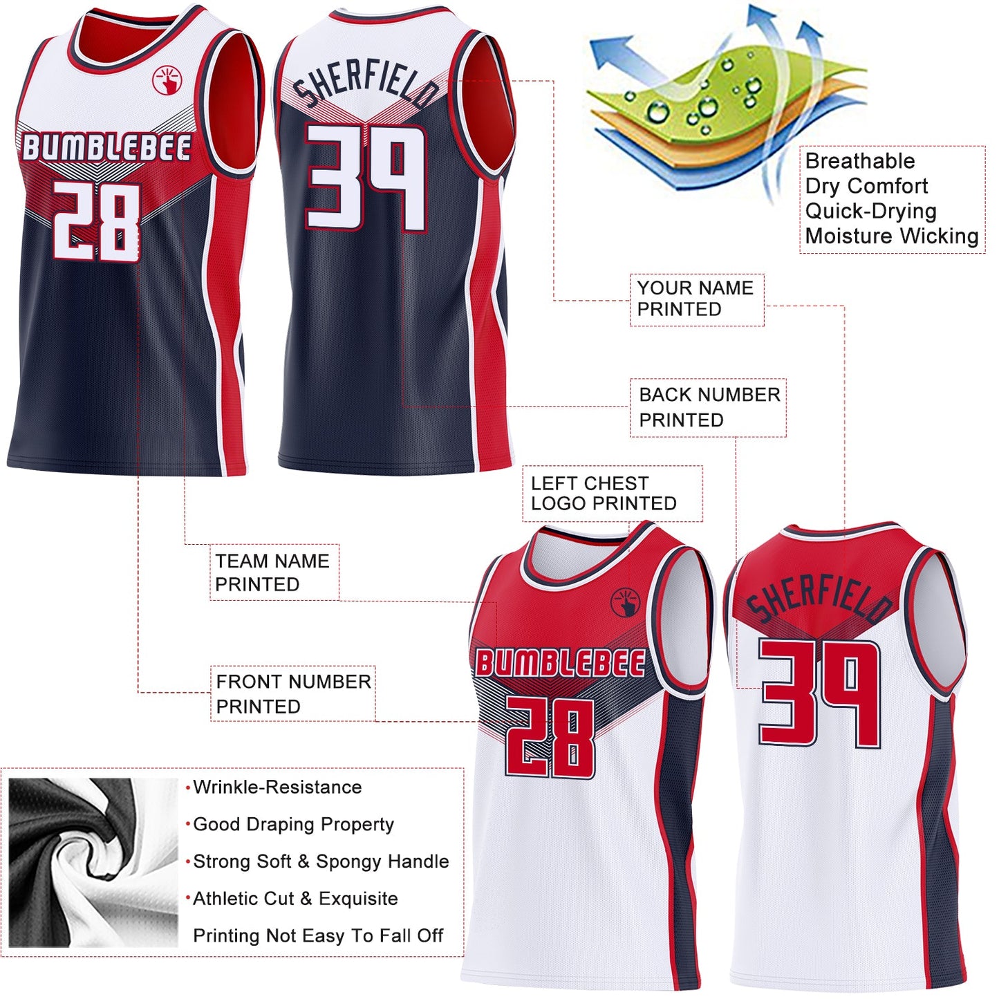 Custom White Navy-Red Side Panel Stripe Geometric V-Cut Color Block Reversible Double Side Sublimation Basketball Set Jersey view 3