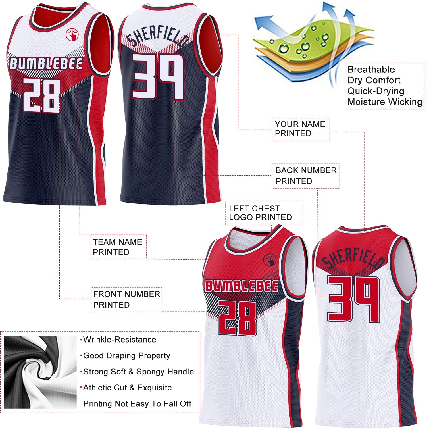Custom White Navy-Red Side Panel Stripe Geometric V-Cut Color Block Reversible Double Side Sublimation Basketball Set Jersey view 3
