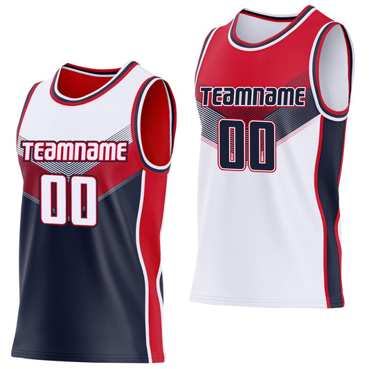 Custom White Navy-Red Side Panel Stripe Geometric V-Cut Color Block Reversible Double Side Sublimation Basketball Set Jersey - Main View