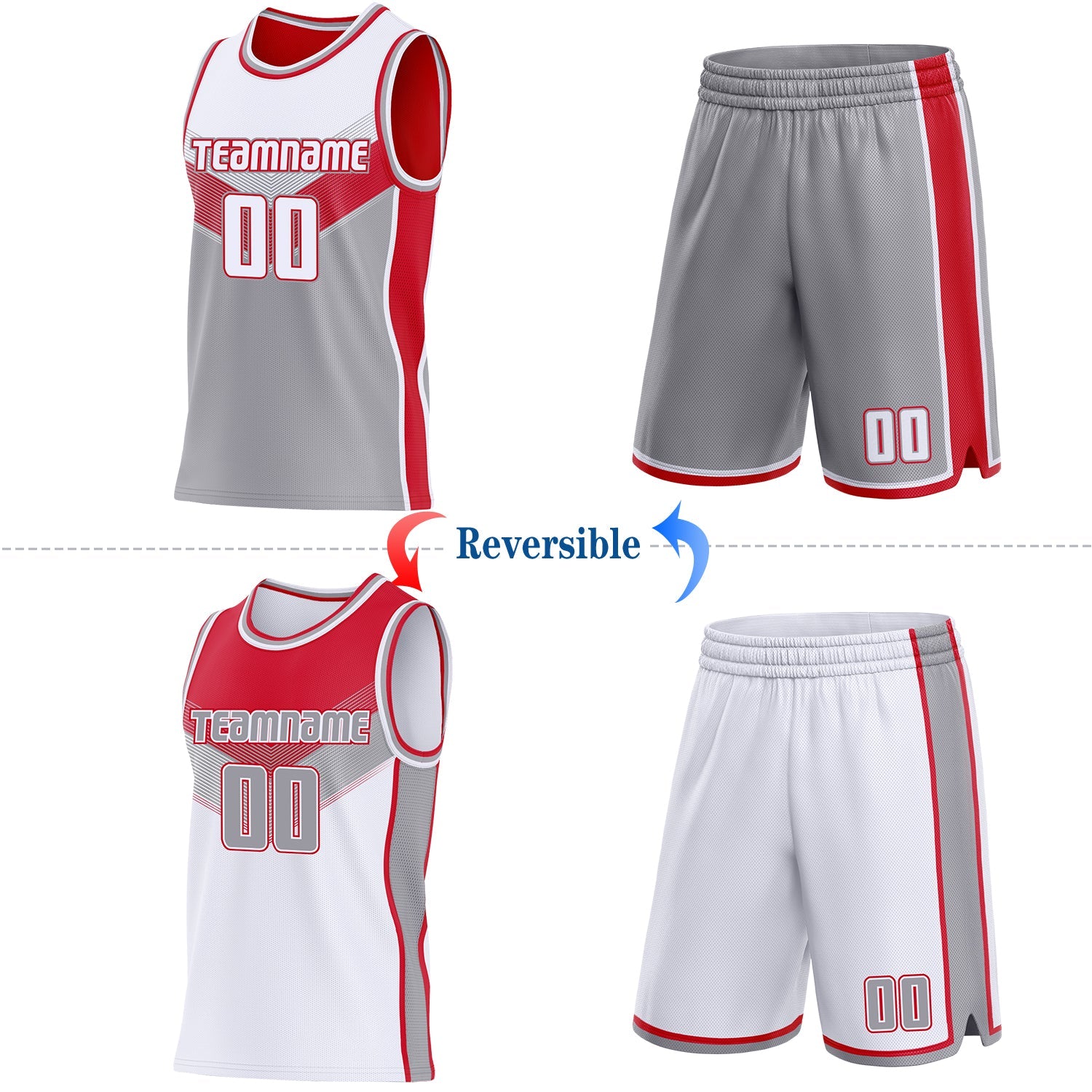 Custom White Gray-Red Side Panel Stripe Geometric V-Cut Color Block Reversible Double Side Sublimation Basketball Set Jersey view 2