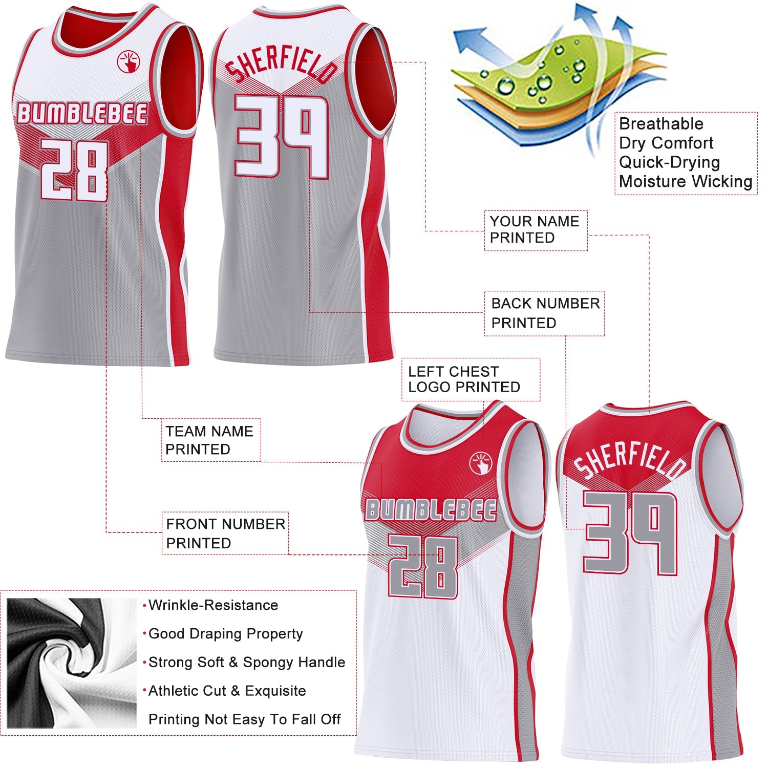 Custom White Gray-Red Side Panel Stripe Geometric V-Cut Color Block Reversible Double Side Sublimation Basketball Set Jersey view 3
