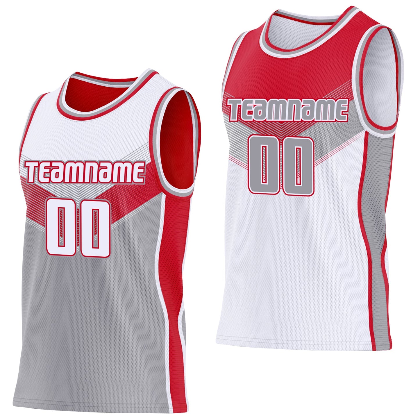 Custom White Gray-Red Side Panel Stripe Geometric V-Cut Color Block Reversible Double Side Sublimation Basketball Set Jersey - Main View
