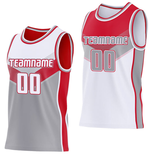 Custom White Gray-Red Side Panel Stripe Geometric V-Cut Color Block Reversible Double Side Sublimation Basketball Set Jersey - Main View