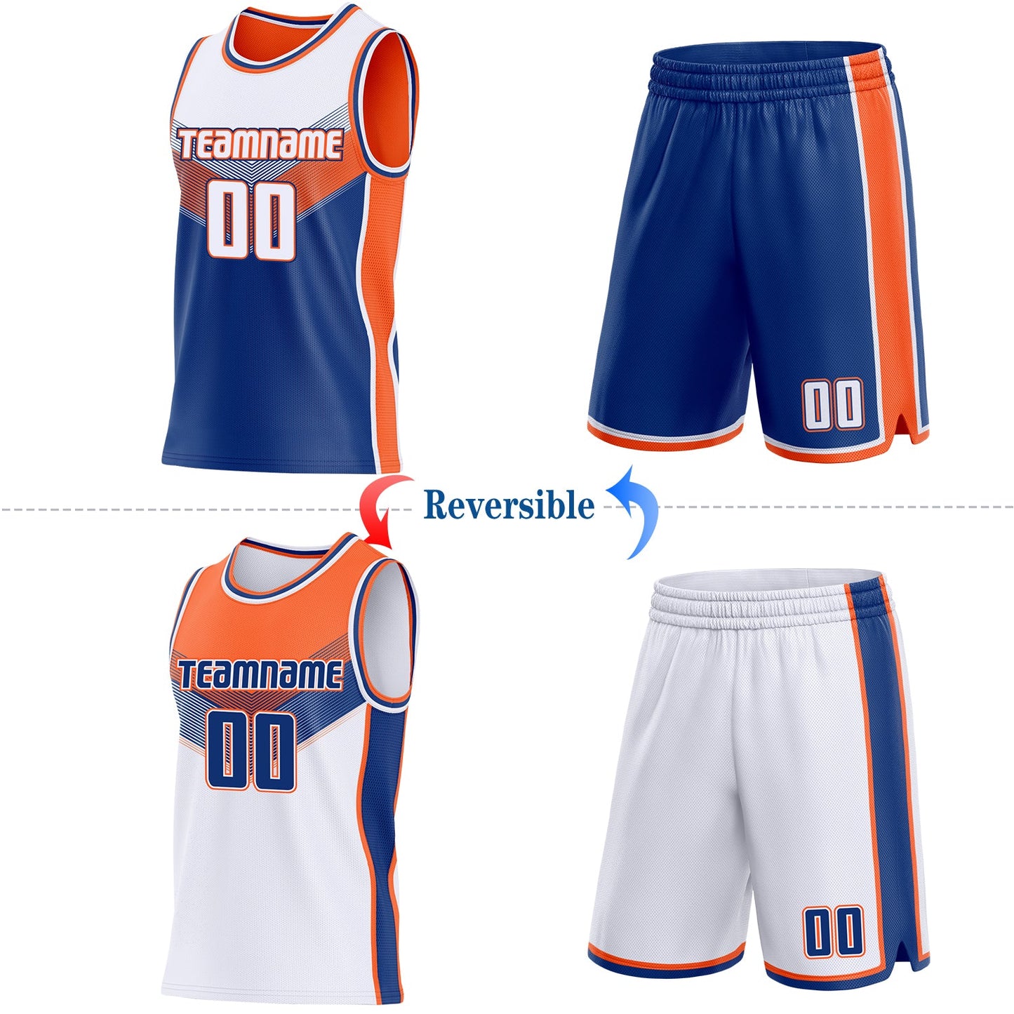Custom White Royal-Orange Side Panel Stripe Geometric V-Cut Color Block Reversible Double Side Sublimation Basketball Set Jersey view 2