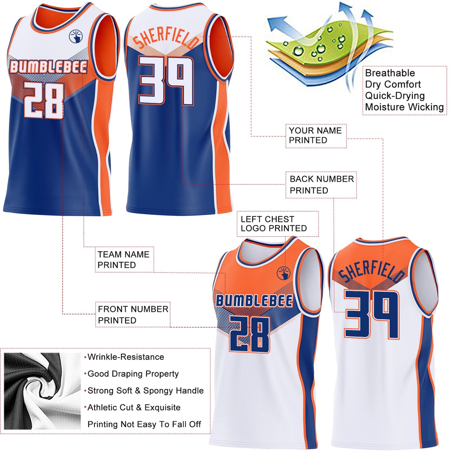Custom White Royal-Orange Side Panel Stripe Geometric V-Cut Color Block Reversible Double Side Sublimation Basketball Set Jersey view 3