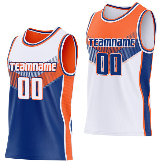 Custom White Royal-Orange Side Panel Stripe Geometric V-Cut Color Block Reversible Double Side Sublimation Basketball Set Jersey - Main View
