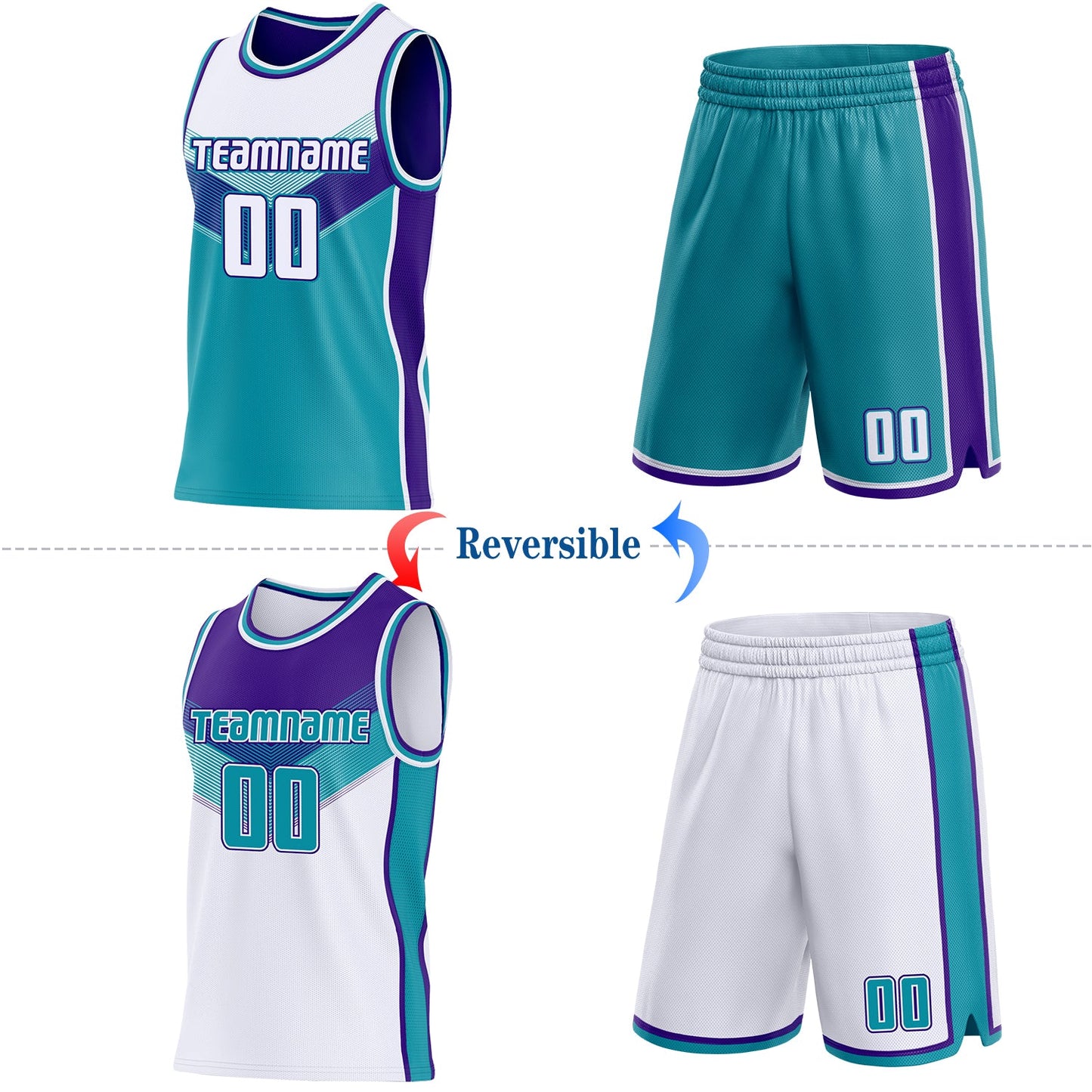 Custom White Teal-Purple Side Panel Stripe Geometric V-Cut Color Block Reversible Double Side Sublimation Basketball Set Jersey view 2