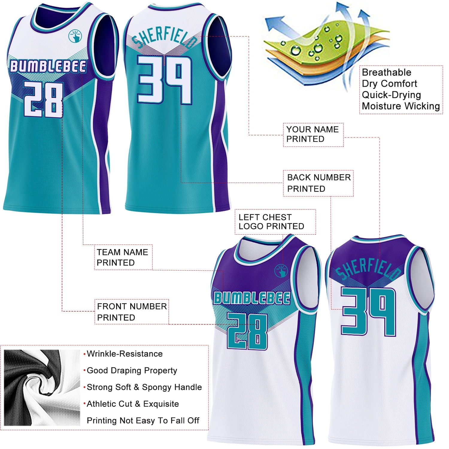 Custom White Teal-Purple Side Panel Stripe Geometric V-Cut Color Block Reversible Double Side Sublimation Basketball Set Jersey view 3