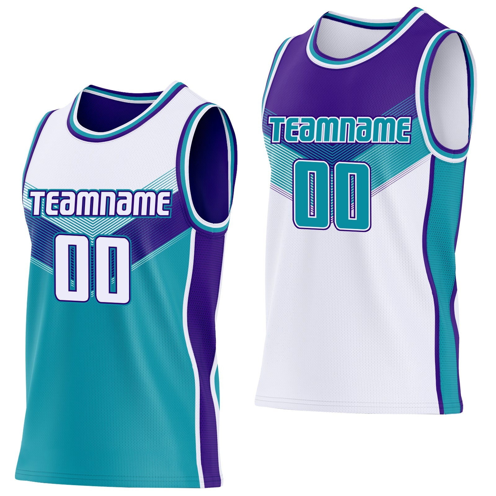 Custom White Teal-Purple Side Panel Stripe Geometric V-Cut Color Block Reversible Double Side Sublimation Basketball Set Jersey - Main View
