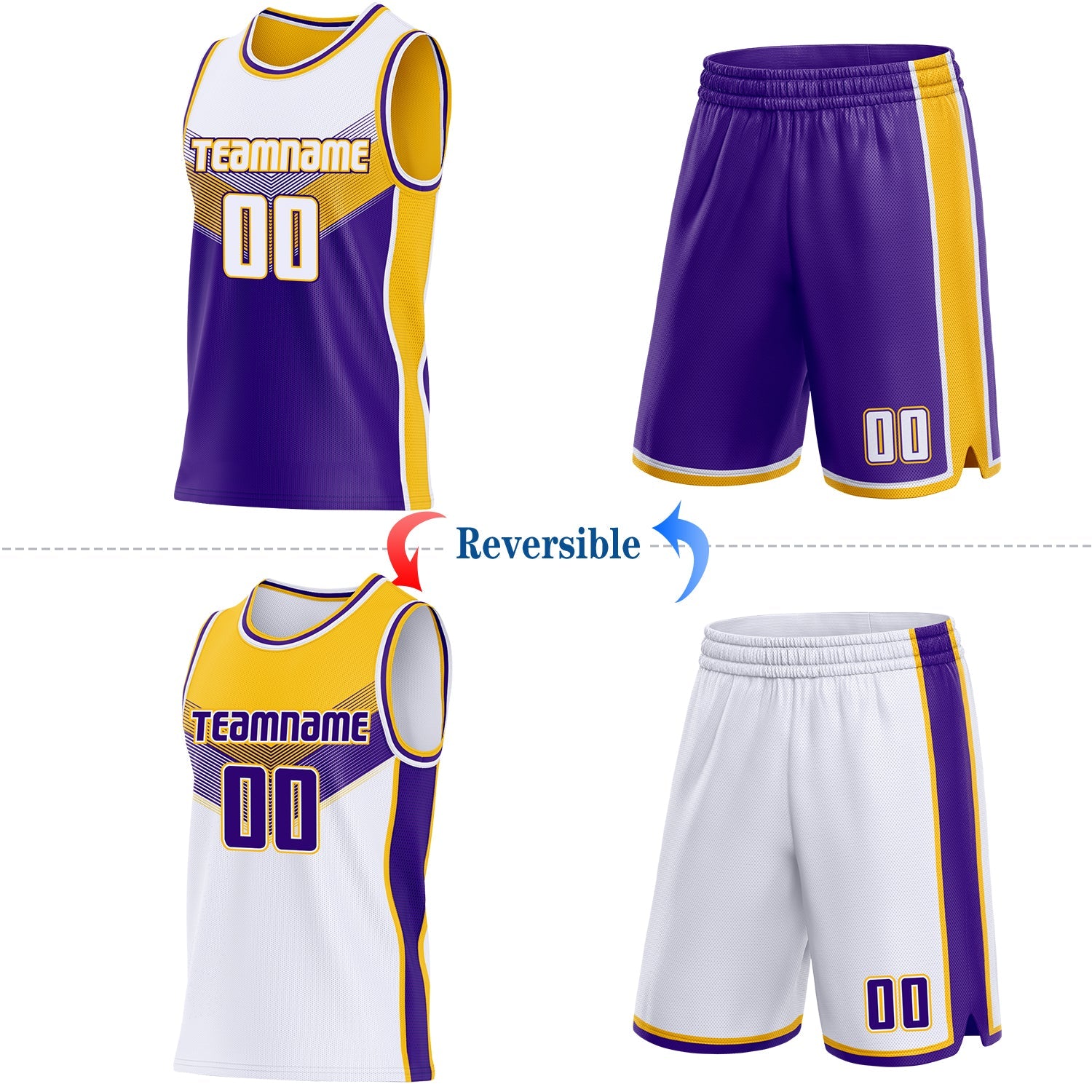 Custom White Purple-Gold Side Panel Stripe Geometric V-Cut Color Block Reversible Double Side Sublimation Basketball Set Jersey view 2