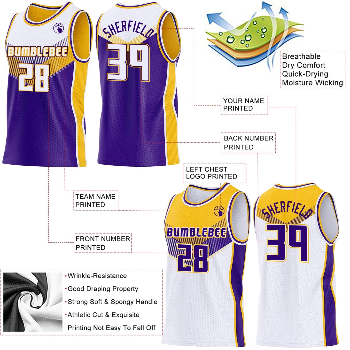 Custom White Purple-Gold Side Panel Stripe Geometric V-Cut Color Block Reversible Double Side Sublimation Basketball Set Jersey view 3