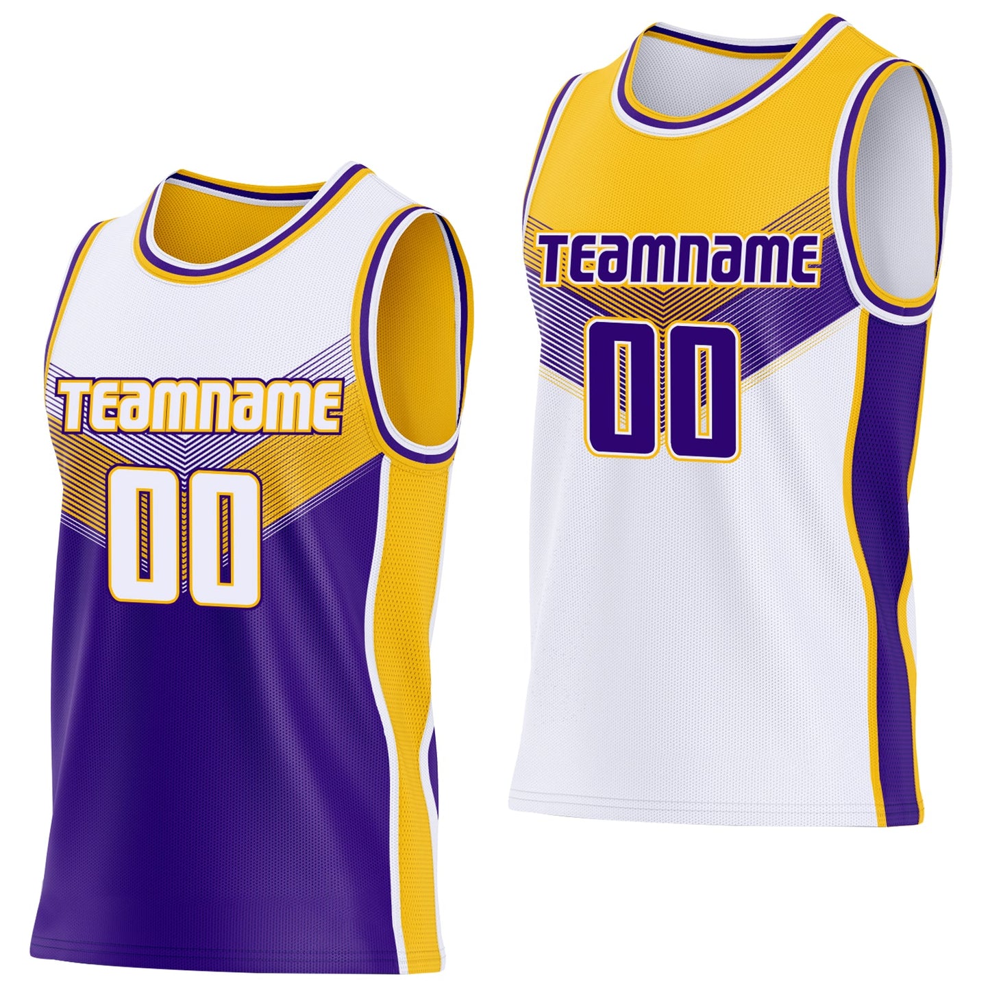 Custom White Purple-Gold Side Panel Stripe Geometric V-Cut Color Block Reversible Double Side Sublimation Basketball Set Jersey - Main View