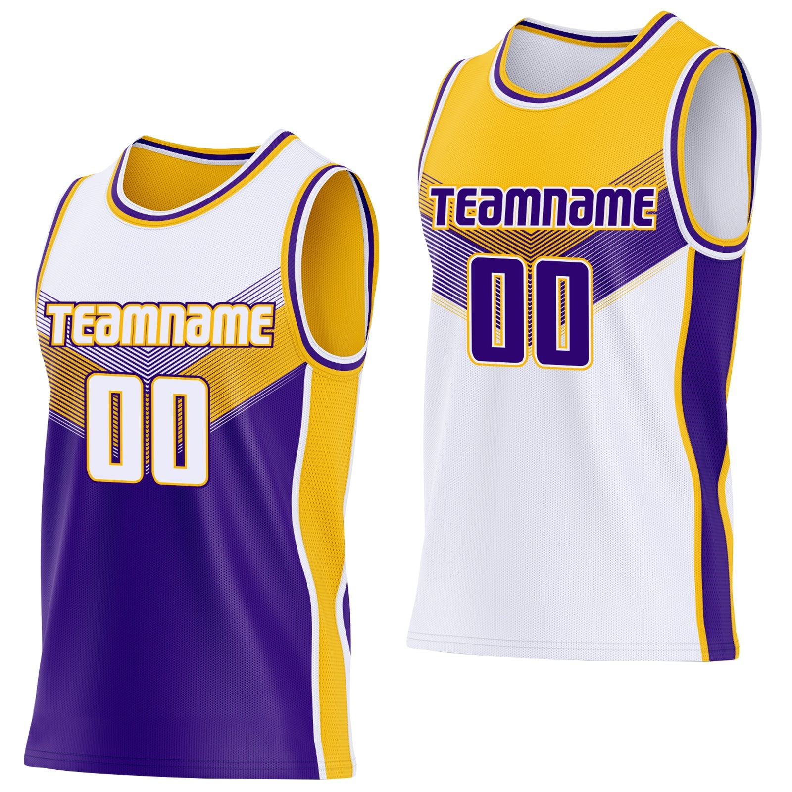 Custom White Purple-Gold Side Panel Stripe Geometric V-Cut Color Block Reversible Double Side Sublimation Basketball Set Jersey - Main View