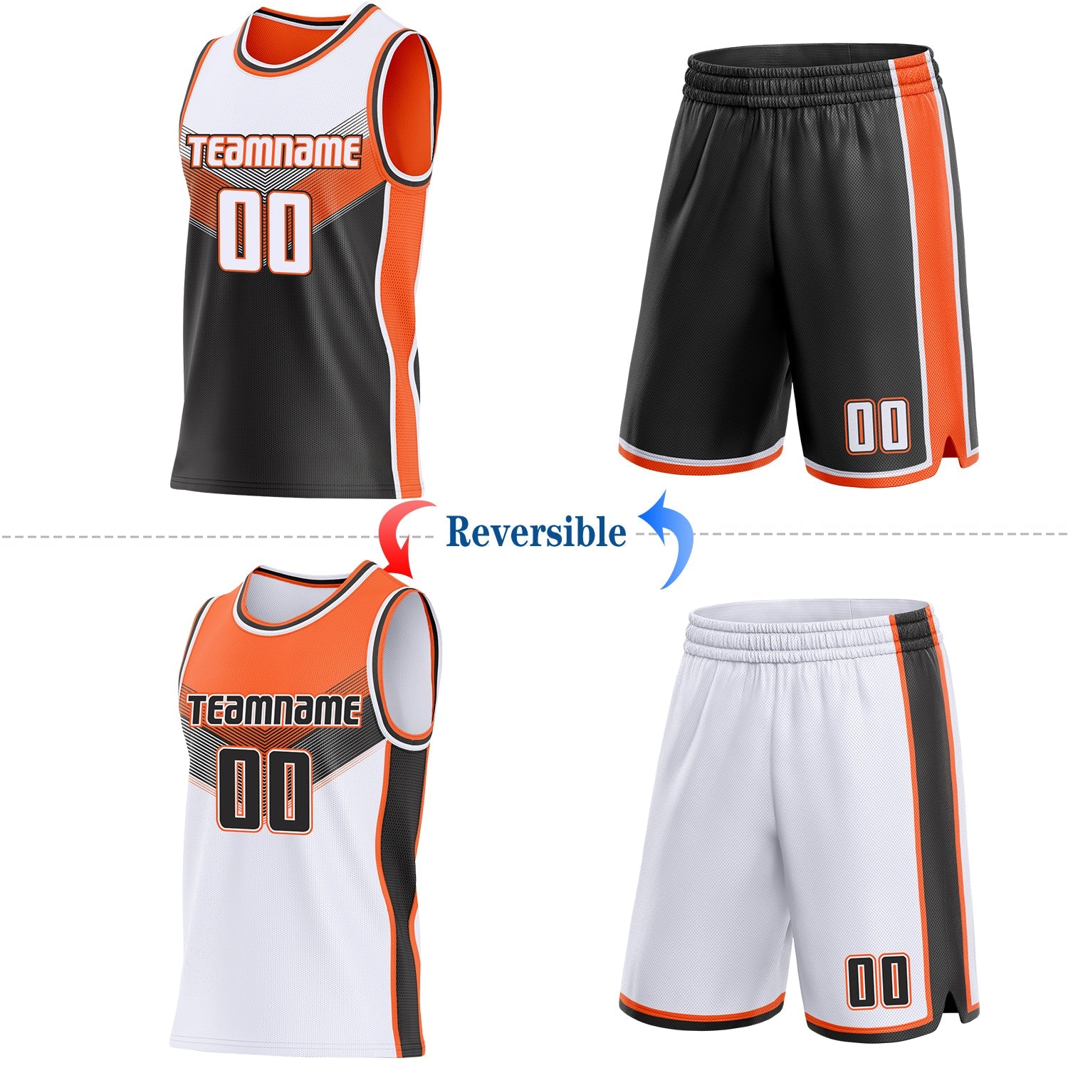 Custom White Black-Orange Side Panel Stripe Geometric V-Cut Color Block Reversible Double Side Sublimation Basketball Set Jersey view 2