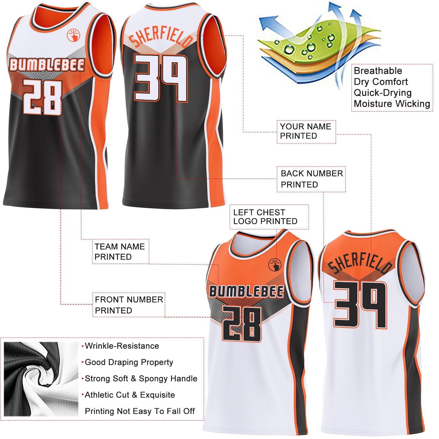 Custom White Black-Orange Side Panel Stripe Geometric V-Cut Color Block Reversible Double Side Sublimation Basketball Set Jersey view 3