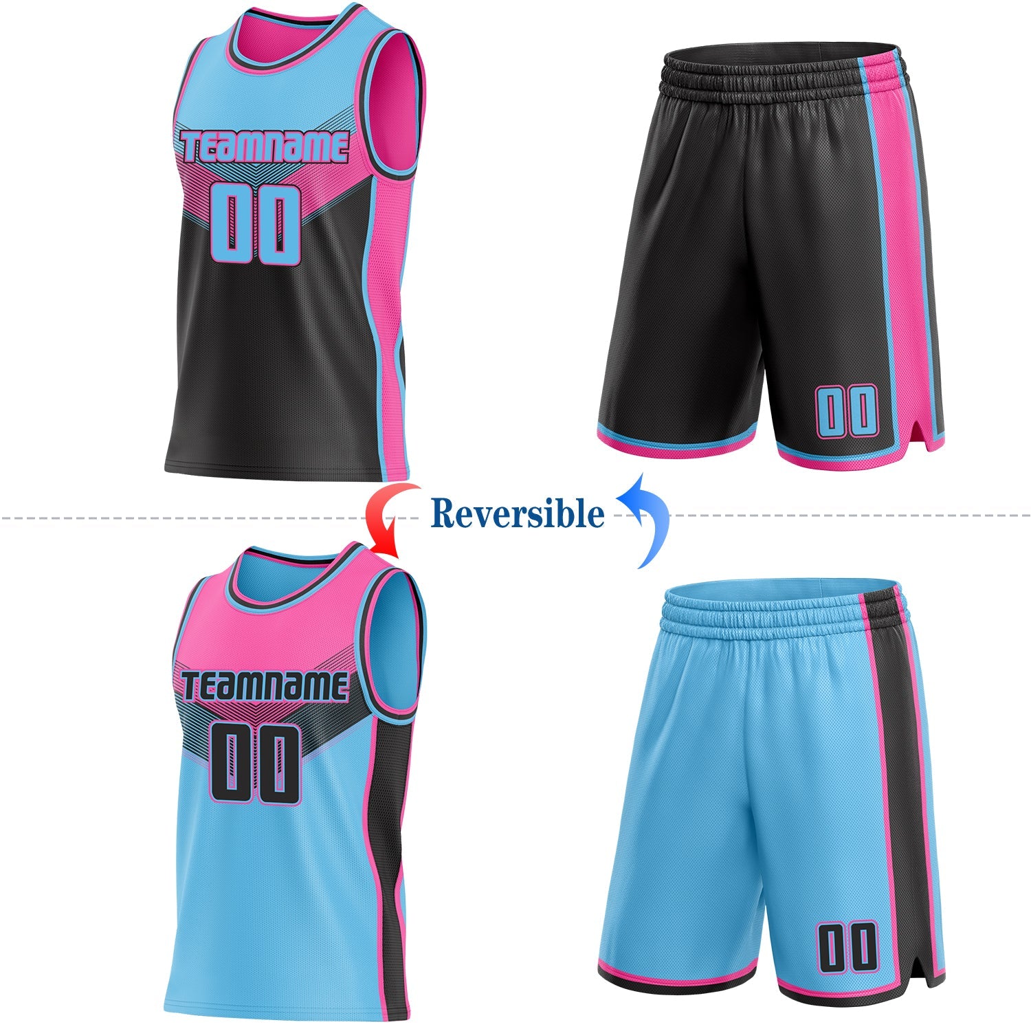 Custom Sky Blue Black-Pink Side Panel Stripe Geometric V-Cut Color Block Reversible Double Side Sublimation Basketball Set Jersey view 2