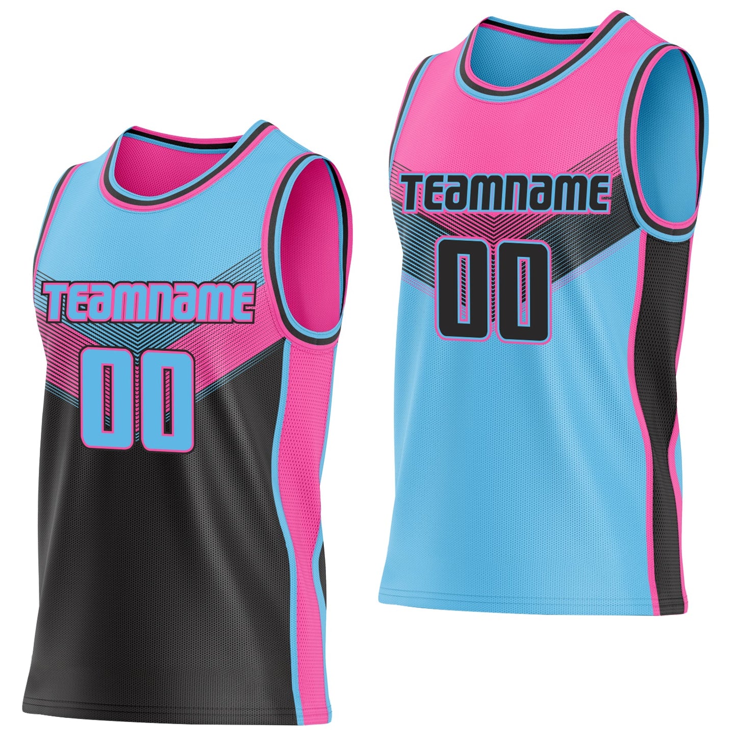 Custom Sky Blue Black-Pink Side Panel Stripe Geometric V-Cut Color Block Reversible Double Side Sublimation Basketball Set Jersey - Main View