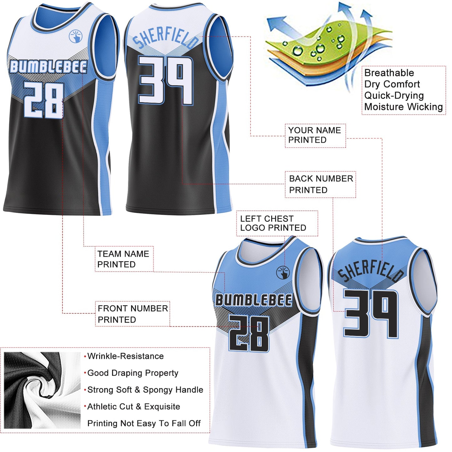 Custom White Black-Light Blue Side Panel Stripe Geometric V-Cut Color Block Reversible Double Side Sublimation Basketball Set Jersey view 3