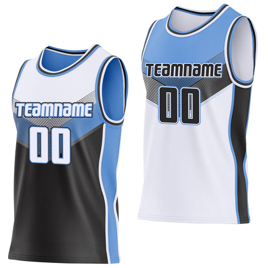 Custom White Black-Light Blue Side Panel Stripe Geometric V-Cut Color Block Reversible Double Side Sublimation Basketball Set Jersey - Main View