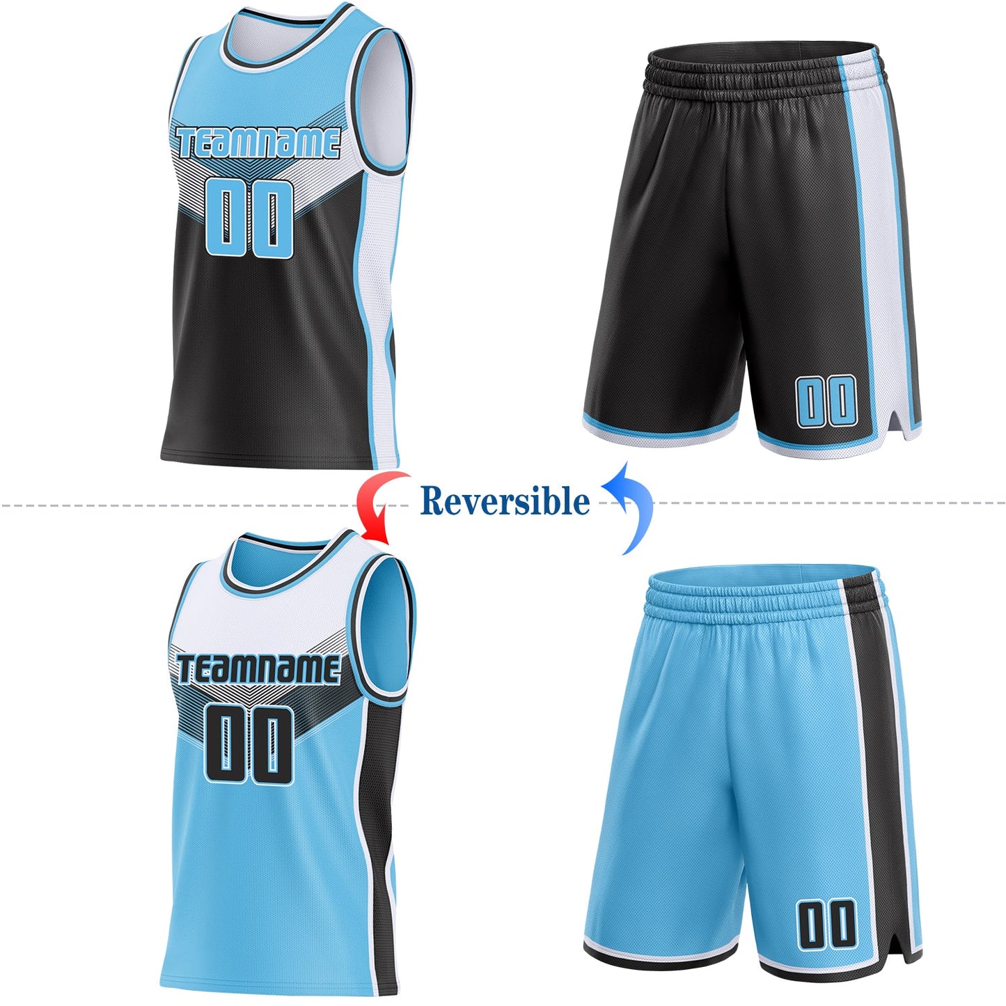 Custom Sky Blue Black-White Side Panel Stripe Geometric V-Cut Color Block Reversible Double Side Sublimation Basketball Set Jersey view 2