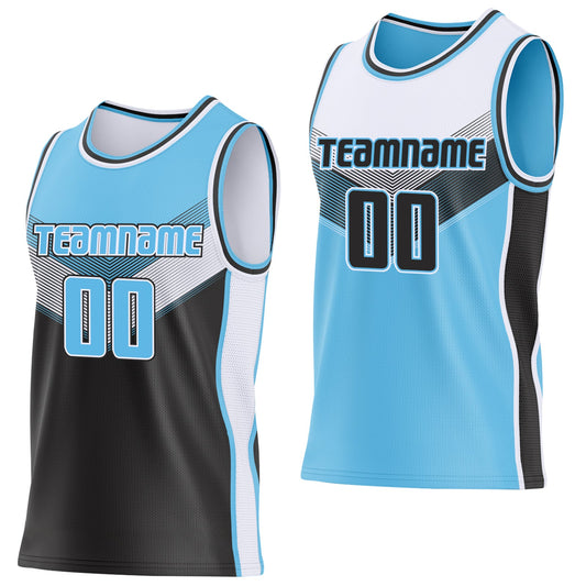 Custom Sky Blue Black-White Side Panel Stripe Geometric V-Cut Color Block Reversible Double Side Sublimation Basketball Set Jersey - Main View