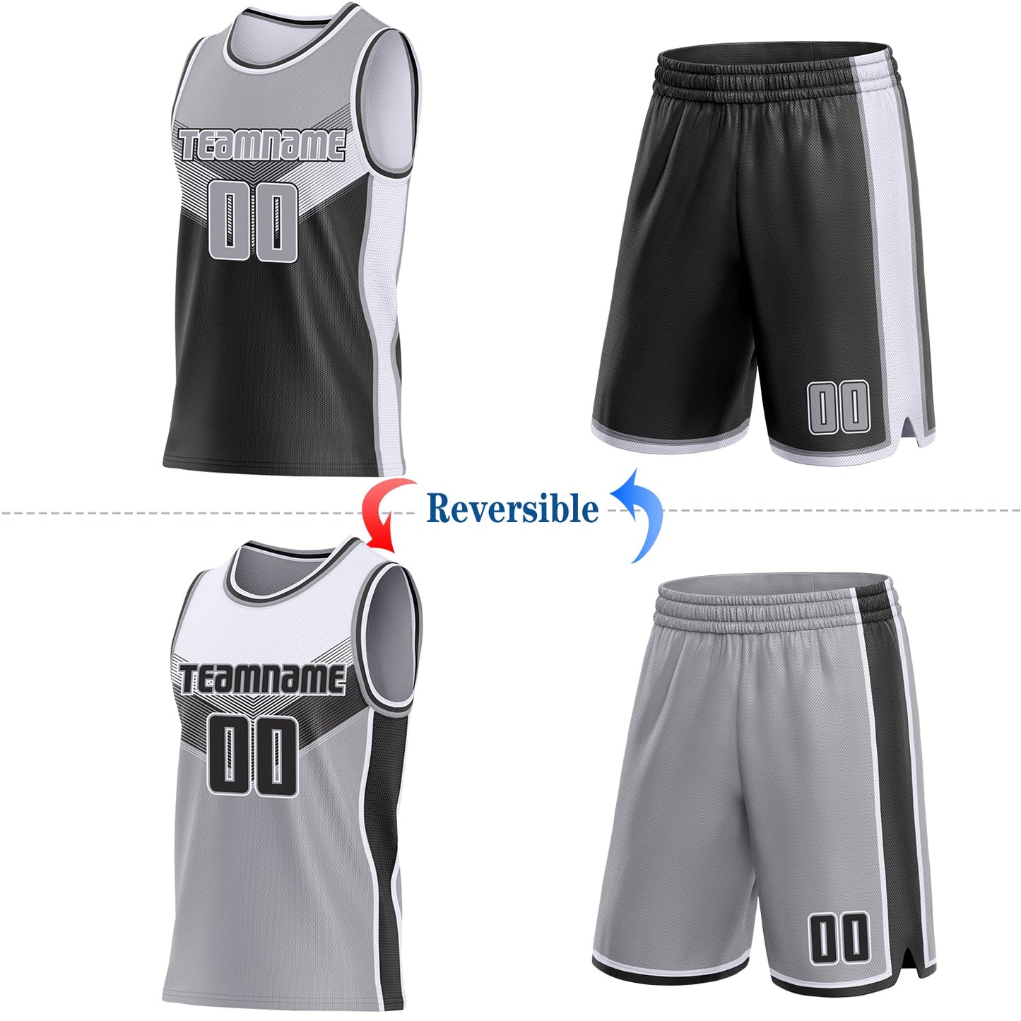 Custom Gray Black-White Side Panel Stripe Geometric V-Cut Color Block Reversible Double Side Sublimation Basketball Set Jersey view 2