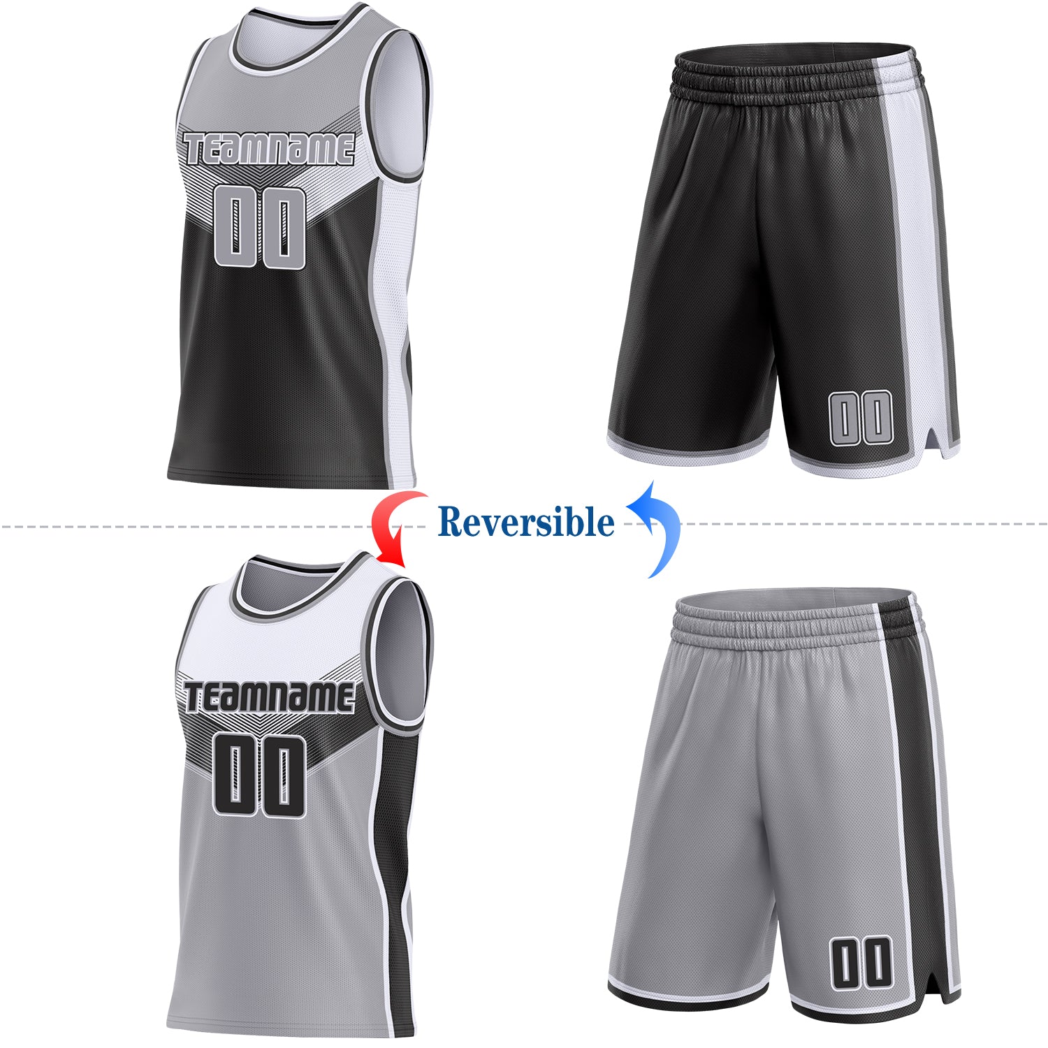 Custom Gray Black-White Side Panel Stripe Geometric V-Cut Color Block Reversible Double Side Sublimation Basketball Set Jersey view 2