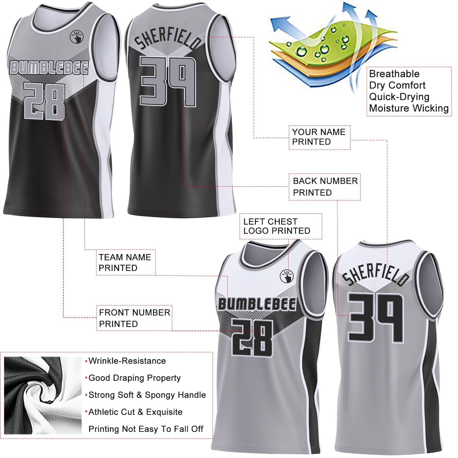Custom Gray Black-White Side Panel Stripe Geometric V-Cut Color Block Reversible Double Side Sublimation Basketball Set Jersey view 3