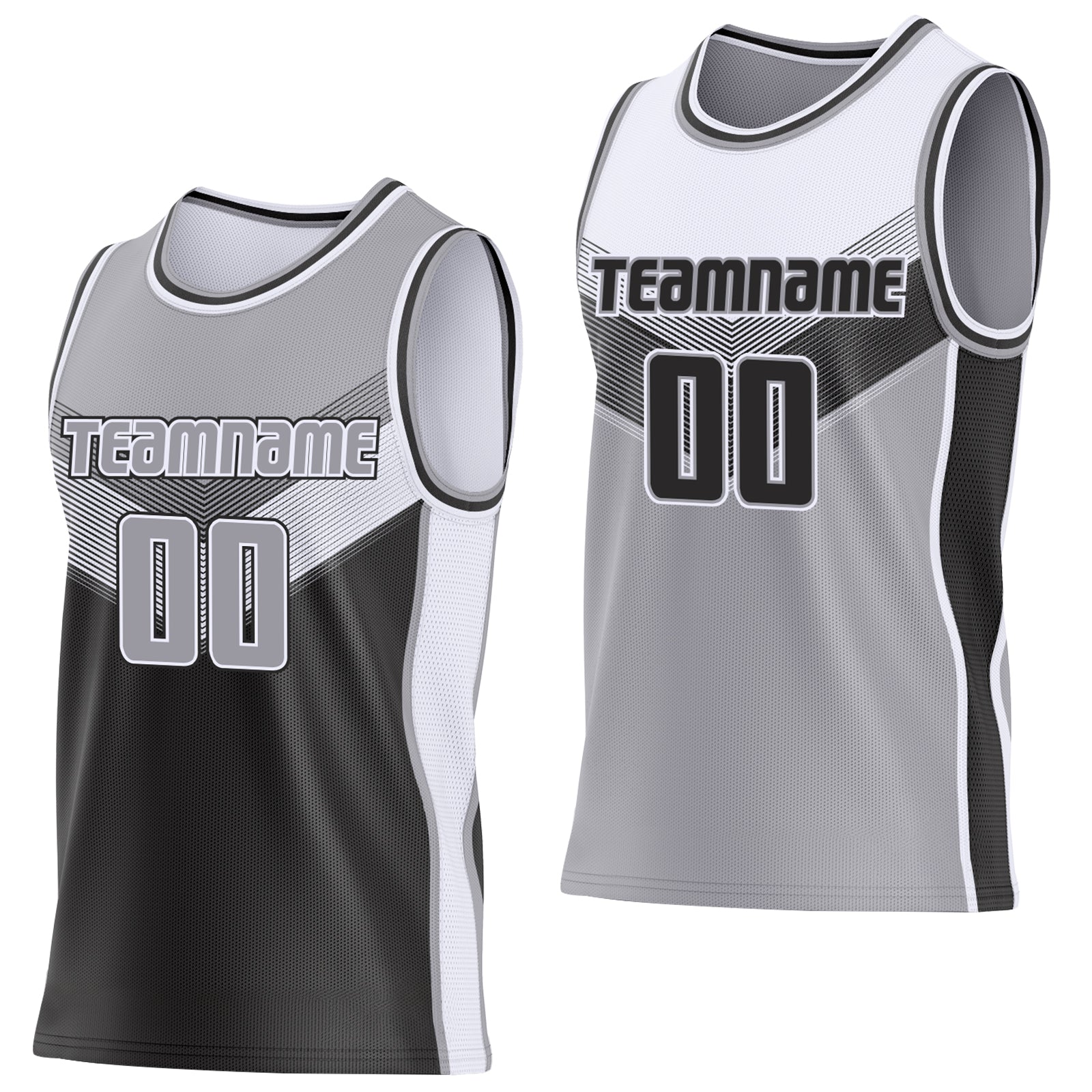 Custom Gray Black-White Side Panel Stripe Geometric V-Cut Color Block Reversible Double Side Sublimation Basketball Set Jersey - Main View