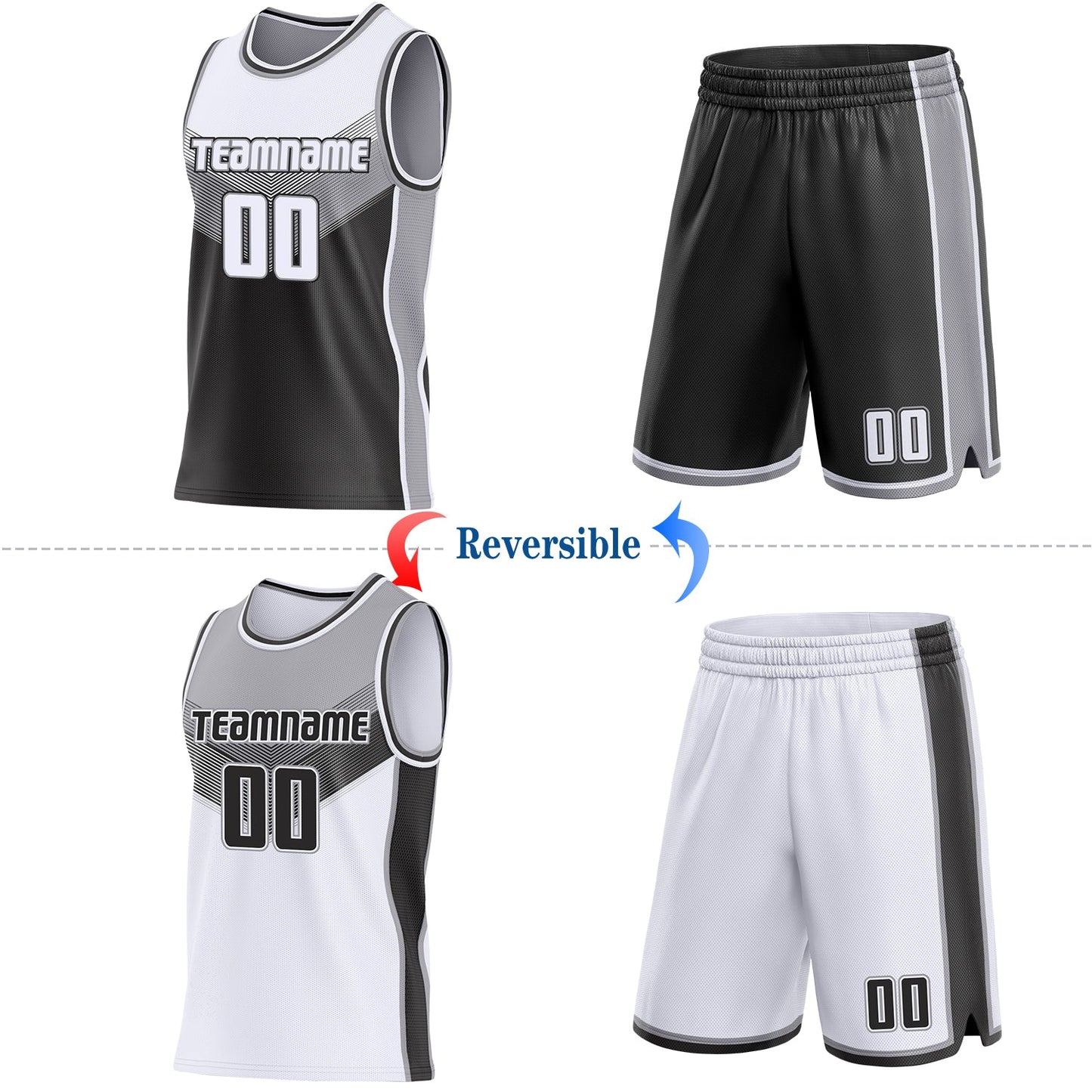Custom White Black-Gray Side Panel Stripe Geometric V-Cut Color Block Reversible Double Side Sublimation Basketball Set Jersey view 2