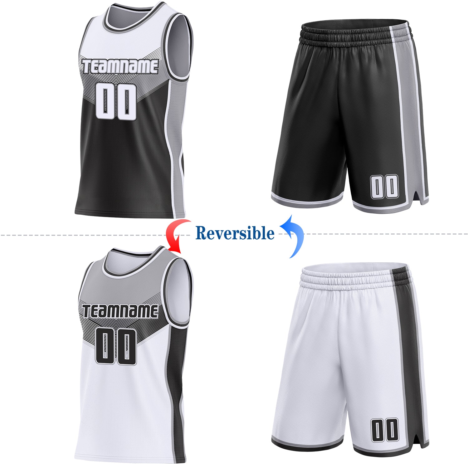 Custom White Black-Gray Side Panel Stripe Geometric V-Cut Color Block Reversible Double Side Sublimation Basketball Set Jersey view 2