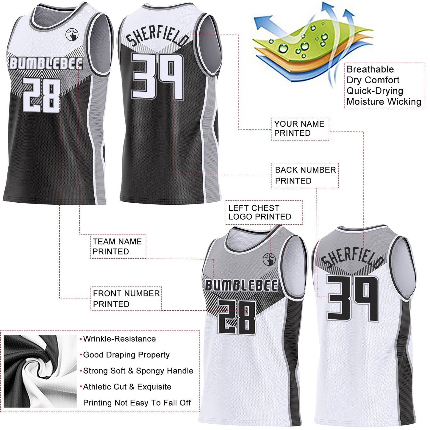 Custom White Black-Gray Side Panel Stripe Geometric V-Cut Color Block Reversible Double Side Sublimation Basketball Set Jersey view 3