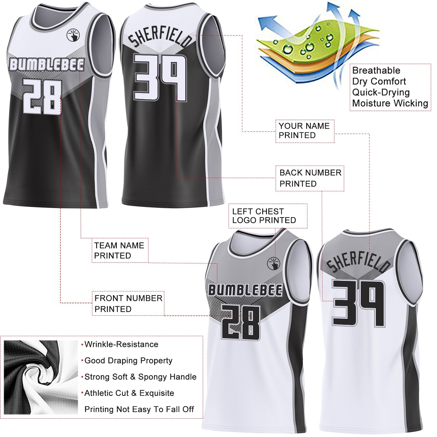 Custom White Black-Gray Side Panel Stripe Geometric V-Cut Color Block Reversible Double Side Sublimation Basketball Set Jersey view 3