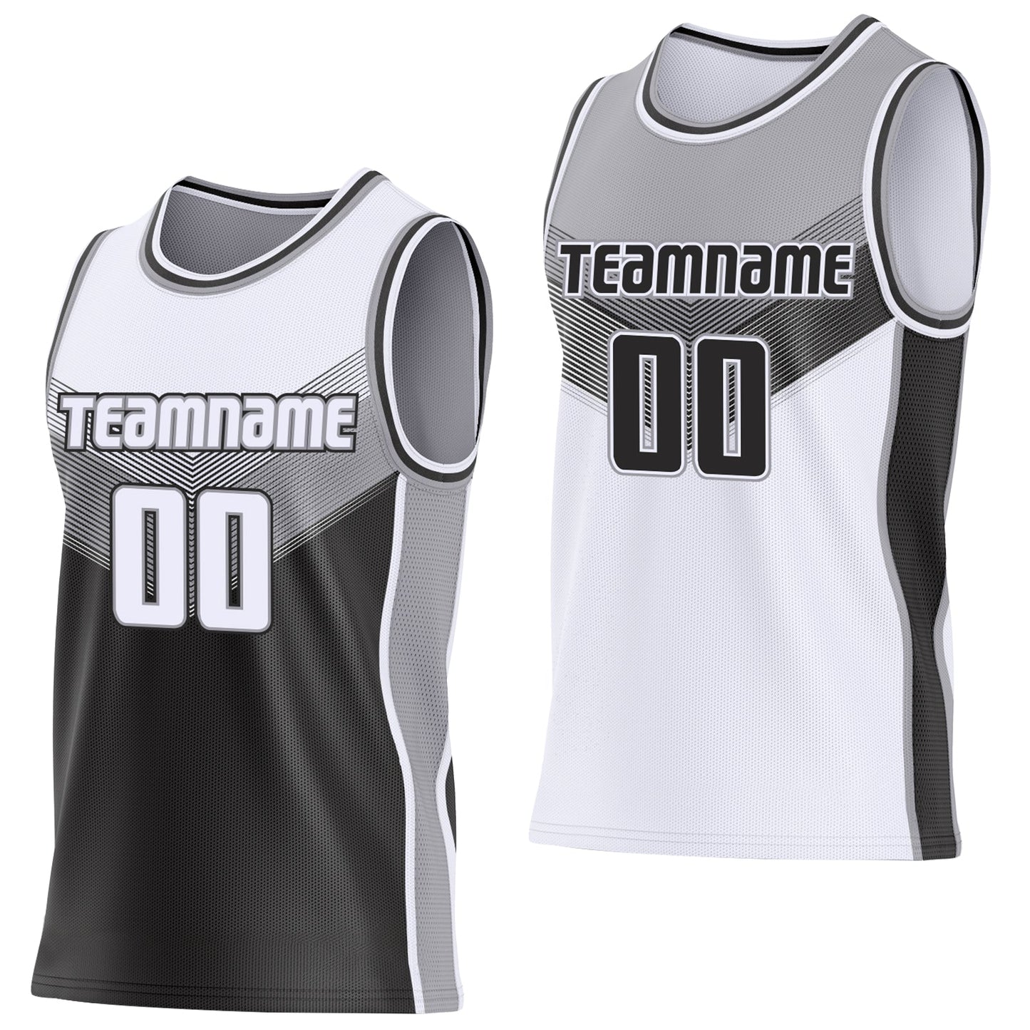 Custom White Black-Gray Side Panel Stripe Geometric V-Cut Color Block Reversible Double Side Sublimation Basketball Set Jersey - Main View