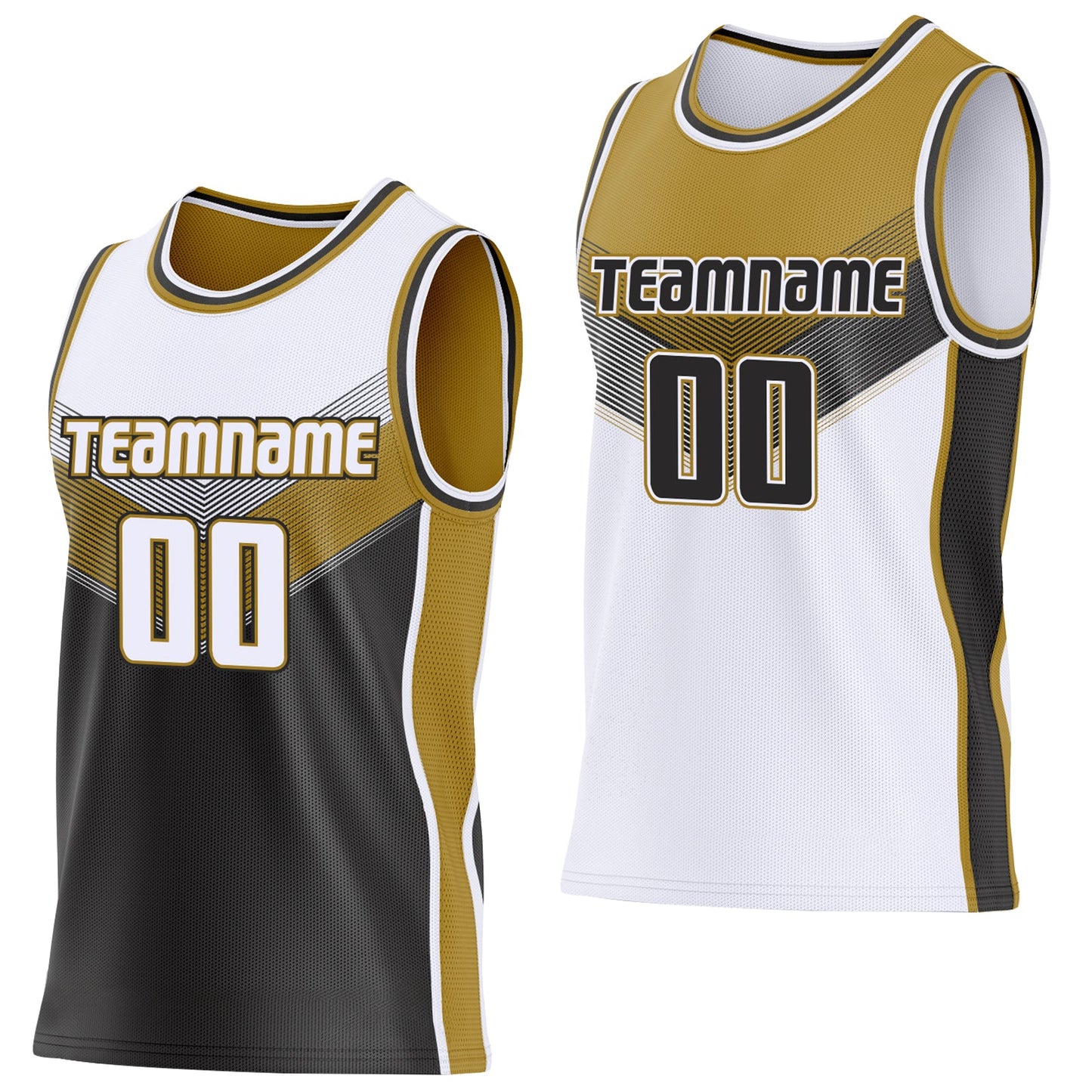 Custom White Black-Old Gold Side Panel Stripe Geometric V-Cut Color Block Reversible Double Side Sublimation Basketball Set Jersey - Main View