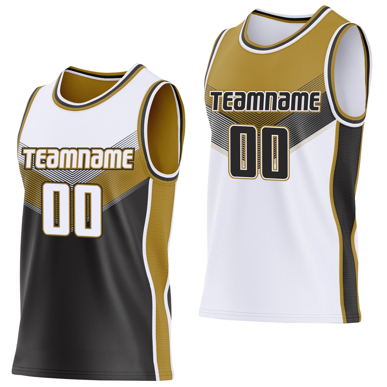 Custom White Black-Old Gold Side Panel Stripe Geometric V-Cut Color Block Reversible Double Side Sublimation Basketball Set Jersey - Main View