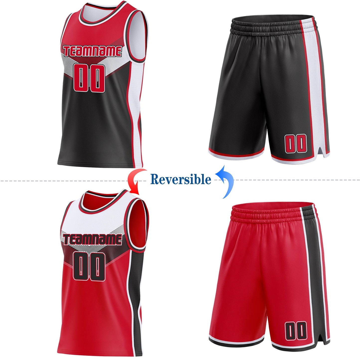 Custom Red Black-White Side Panel Stripe Geometric V-Cut Color Block Reversible Double Side Sublimation Basketball Set Jersey view 2