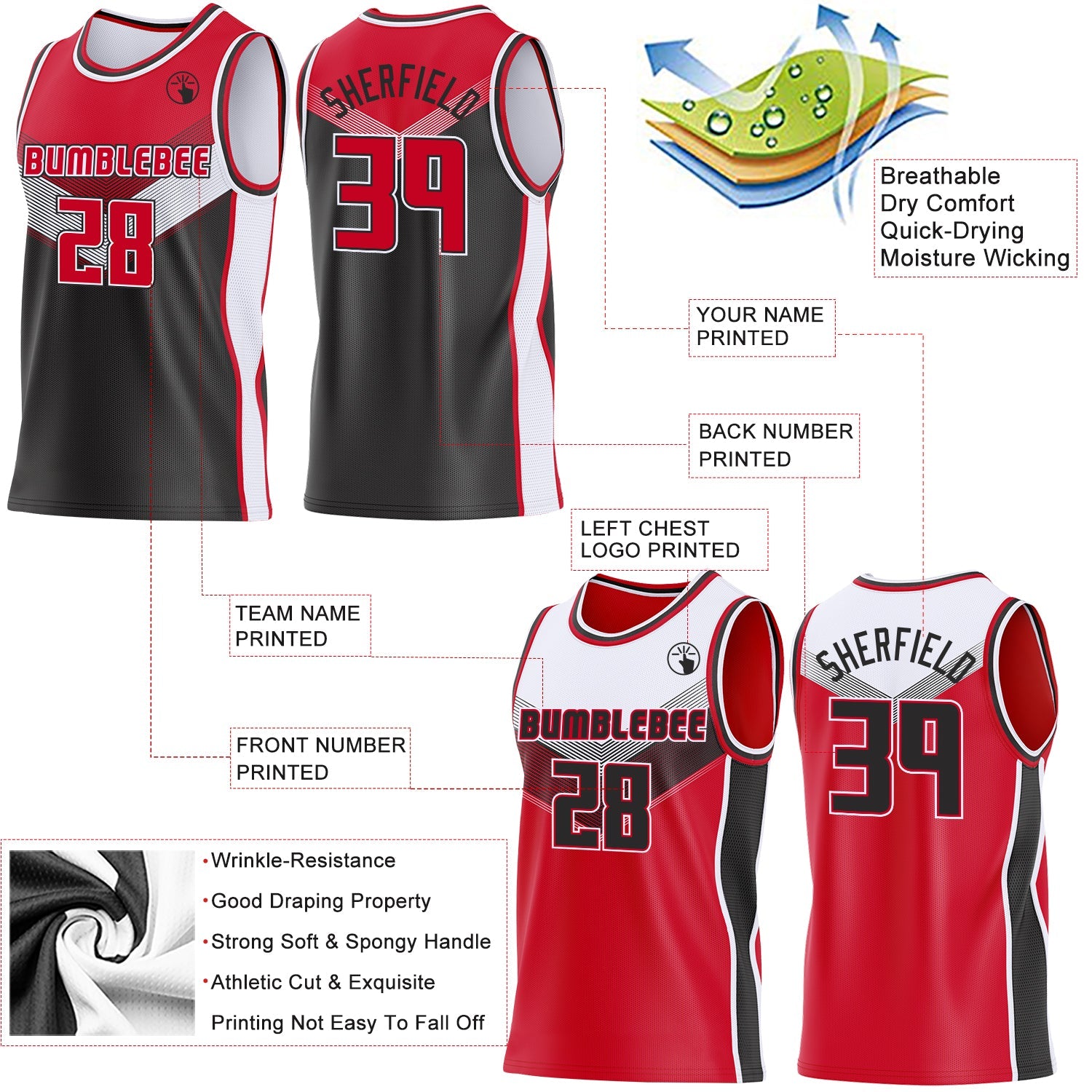 Custom Red Black-White Side Panel Stripe Geometric V-Cut Color Block Reversible Double Side Sublimation Basketball Set Jersey view 3