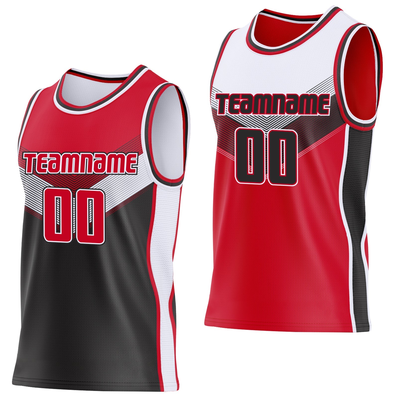 Custom Red Black-White Side Panel Stripe Geometric V-Cut Color Block Reversible Double Side Sublimation Basketball Set Jersey - Main View