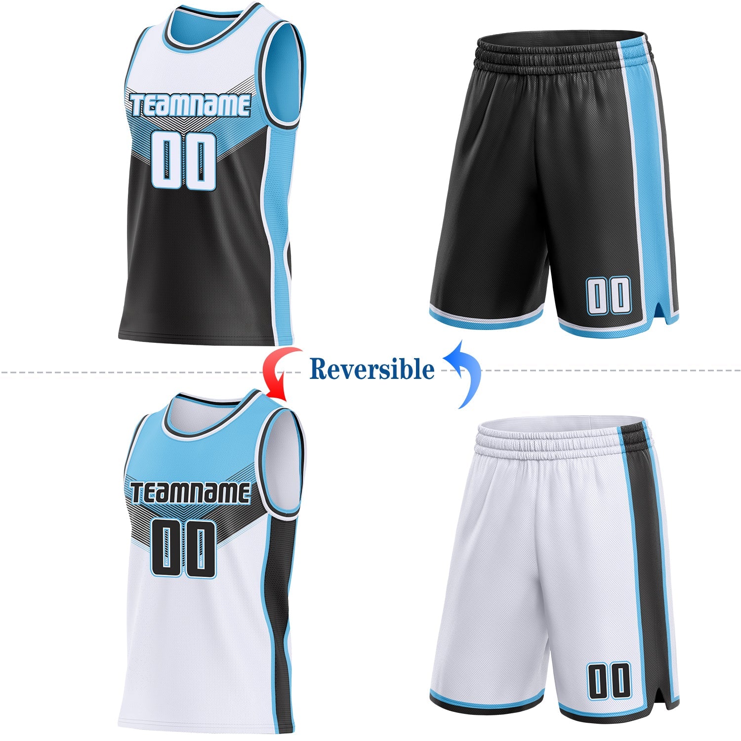 Custom White Black-Sky Blue Side Panel Stripe Geometric V-Cut Color Block Reversible Double Side Sublimation Basketball Set Jersey view 2