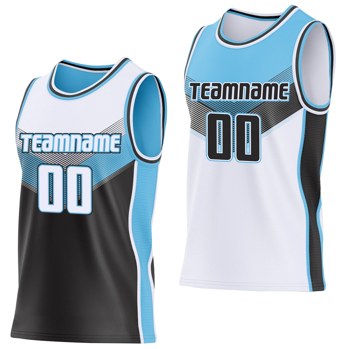 Custom White Black-Sky Blue Side Panel Stripe Geometric V-Cut Color Block Reversible Double Side Sublimation Basketball Set Jersey - Main View