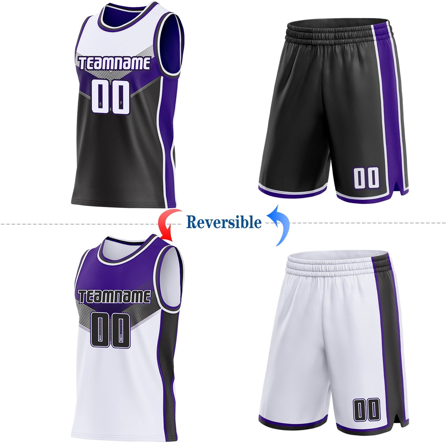Custom White Black-Purple Side Panel Stripe Geometric V-Cut Color Block Reversible Double Side Sublimation Basketball Set Jersey view 2