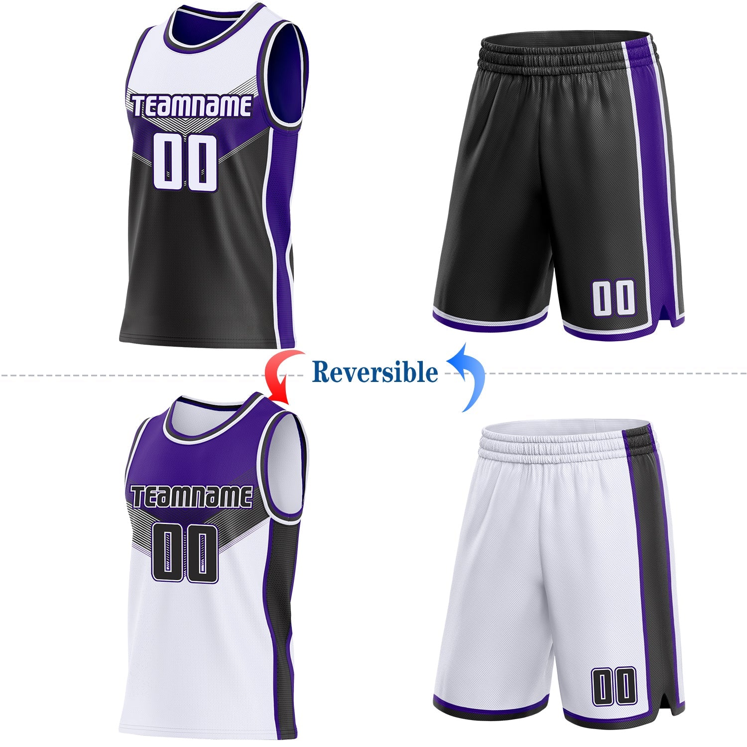 Custom White Black-Purple Side Panel Stripe Geometric V-Cut Color Block Reversible Double Side Sublimation Basketball Set Jersey view 2