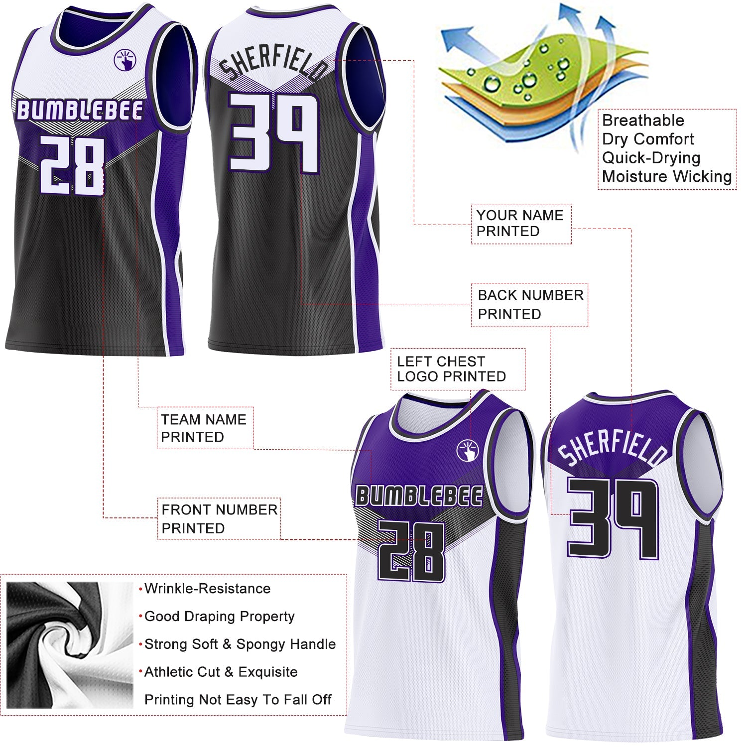 Custom White Black-Purple Side Panel Stripe Geometric V-Cut Color Block Reversible Double Side Sublimation Basketball Set Jersey view 3