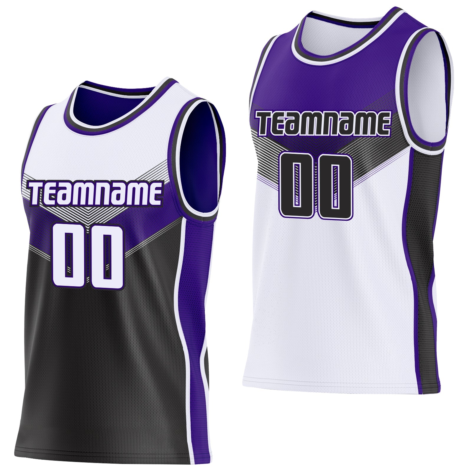 Custom White Black-Purple Side Panel Stripe Geometric V-Cut Color Block Reversible Double Side Sublimation Basketball Set Jersey - Main View