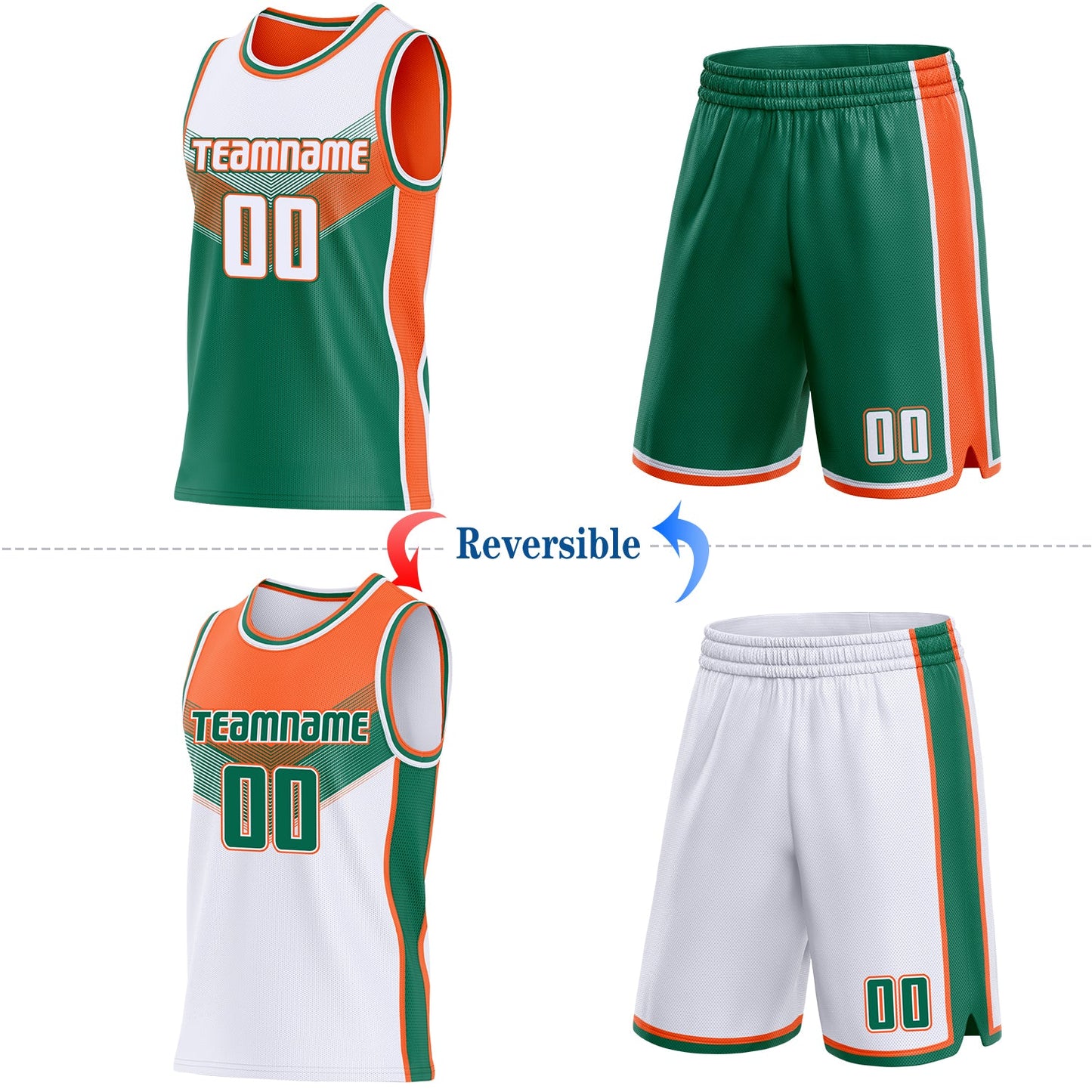 Custom White Kelly Green-Orange Side Panel Stripe Geometric V-Cut Color Block Reversible Double Side Sublimation Basketball Set Jersey view 2