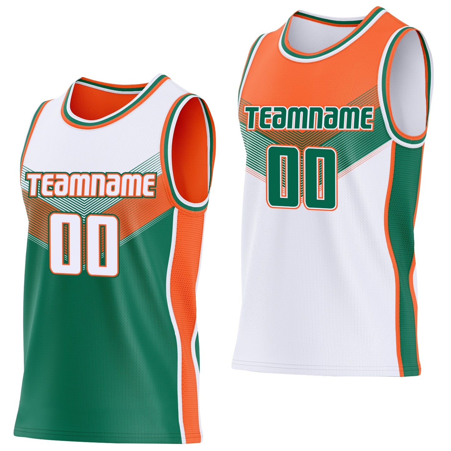 Custom White Kelly Green-Orange Side Panel Stripe Geometric V-Cut Color Block Reversible Double Side Sublimation Basketball Set Jersey - Main View