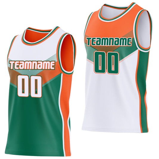 Custom White Kelly Green-Orange Side Panel Stripe Geometric V-Cut Color Block Reversible Double Side Sublimation Basketball Set Jersey - Main View