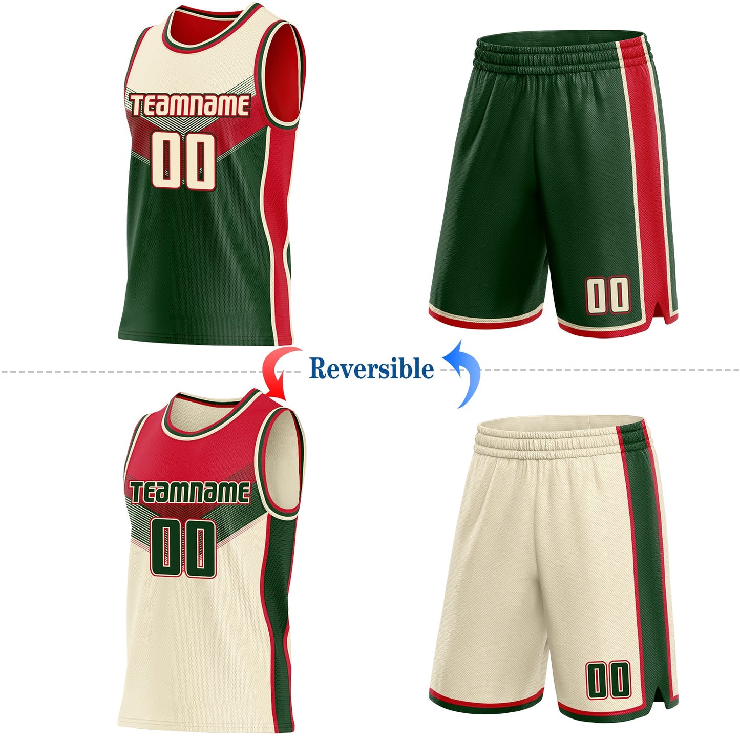 Custom Cream Green-Red Side Panel Stripe Geometric V-Cut Color Block Reversible Double Side Sublimation Basketball Set Jersey view 2