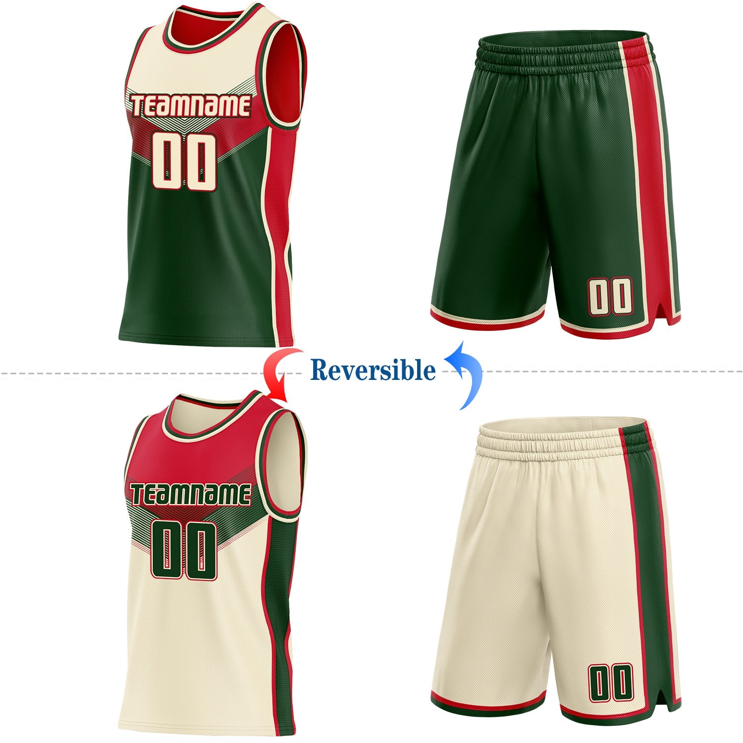 Custom Cream Green-Red Side Panel Stripe Geometric V-Cut Color Block Reversible Double Side Sublimation Basketball Set Jersey view 2